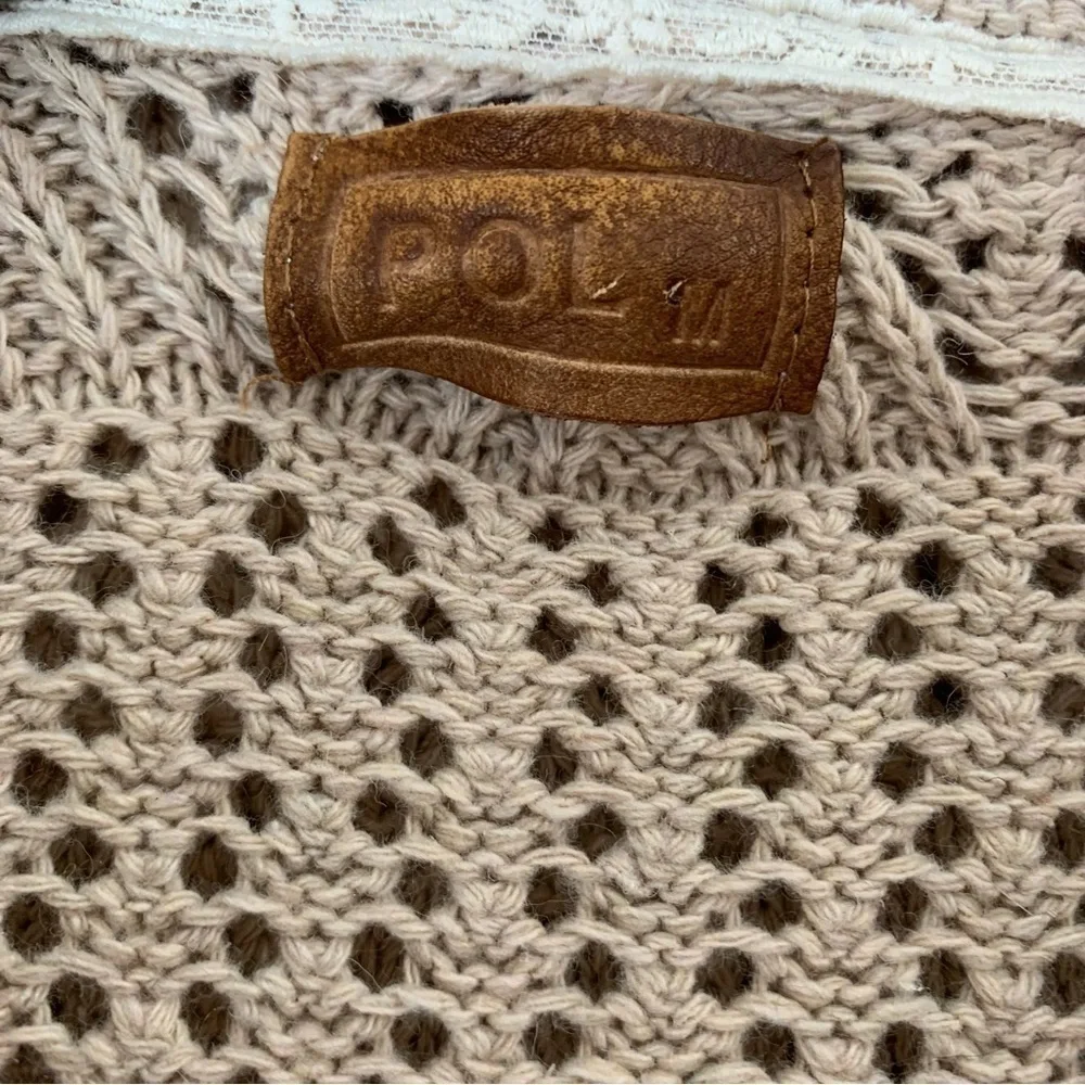 POL Crochet Knit Hooded Open Front Long Cardigan Tan Size M
